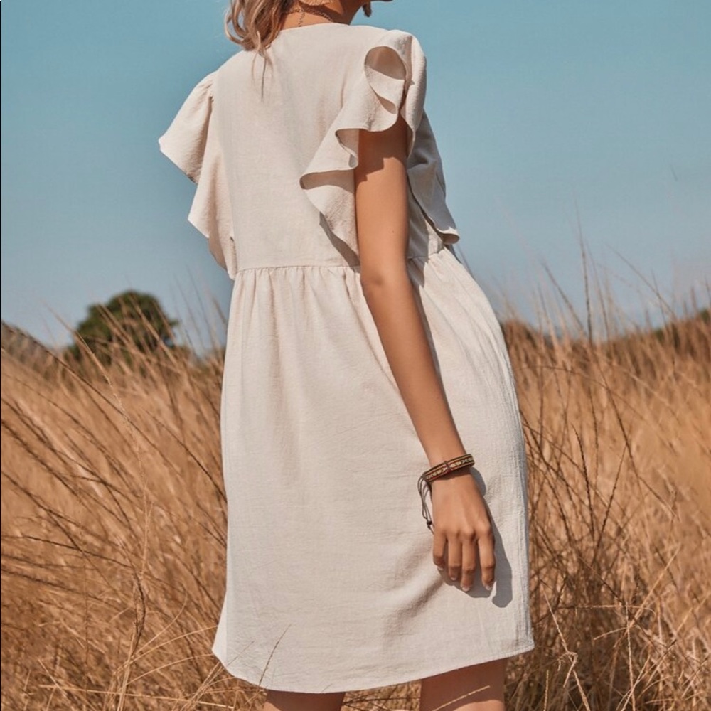 Vneck button detail boho ruffle sleeve beige dress - Picture 8 of 8